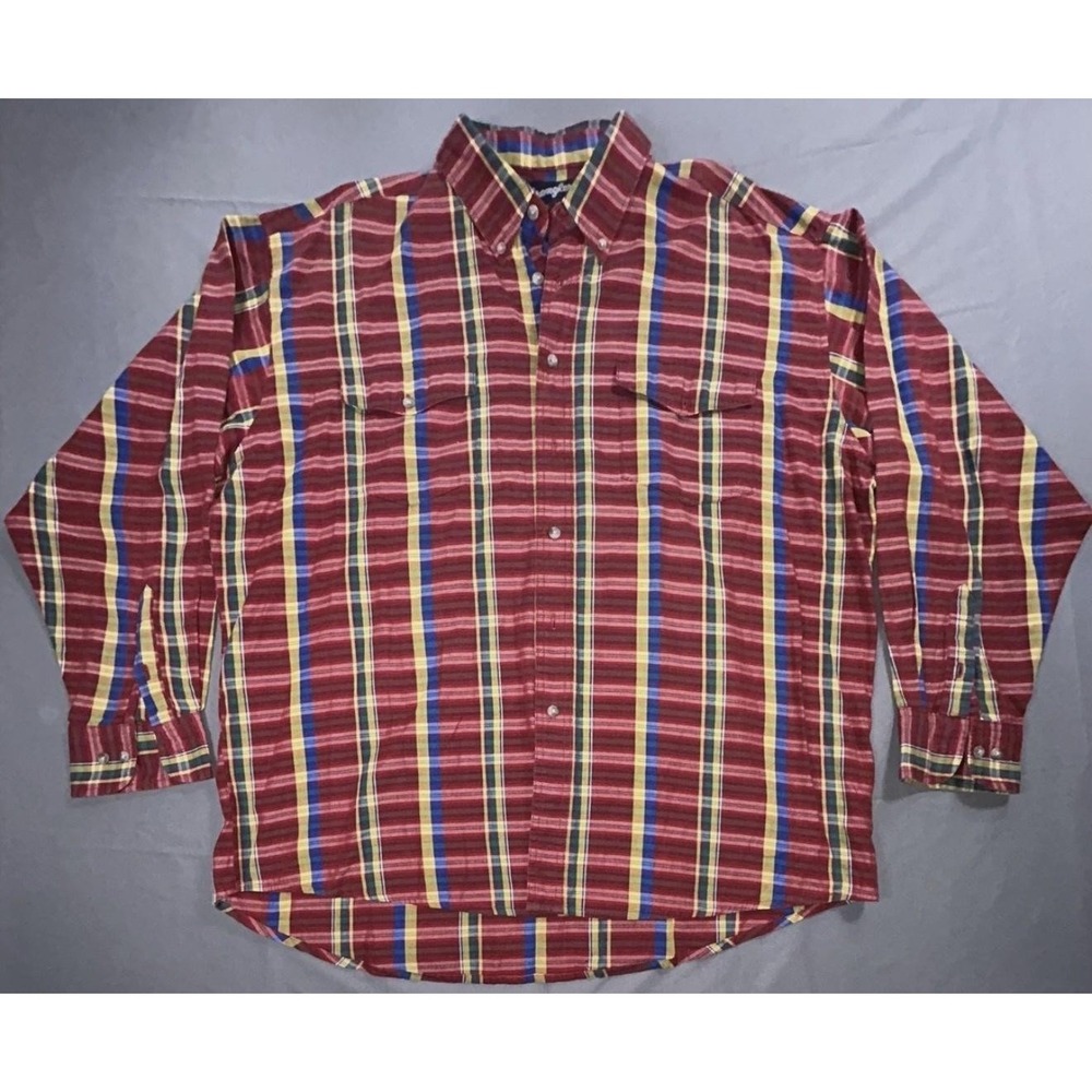 Wrangler Shirt Mens 36 Red Plaid X-Long Tails Long Sleeve Button Up Casual